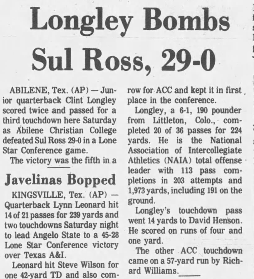 Longley Bombs Sul Ross, 29-0