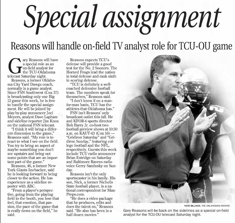 Special assignment: Reasons will handle on-field TV analyst role for TCU-OU game