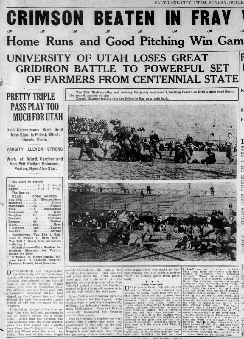 Crimson Beaten in Fray With Coloradoans: University of Utah Loses Great Gridiron Battle To Powerful 