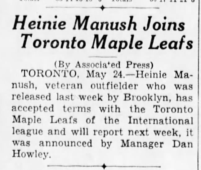 Heinie Manush Joins Toronto Maple Leafs