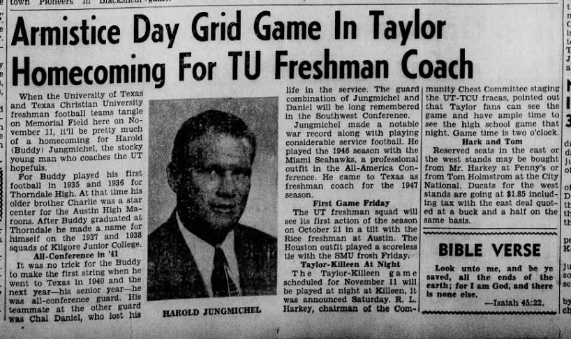 Armistice Day Grid Game In Taylor Homecoming For TU Freshman Coach