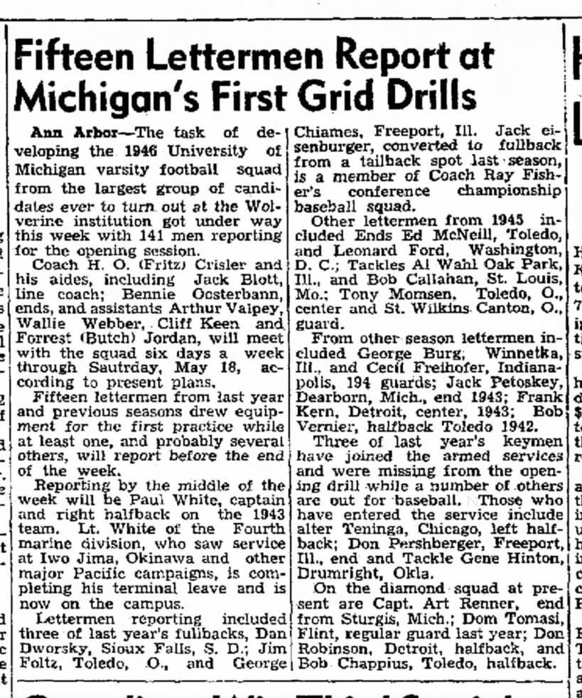 Fifteen Lettermen Report at Michigan's First Grid Drills
