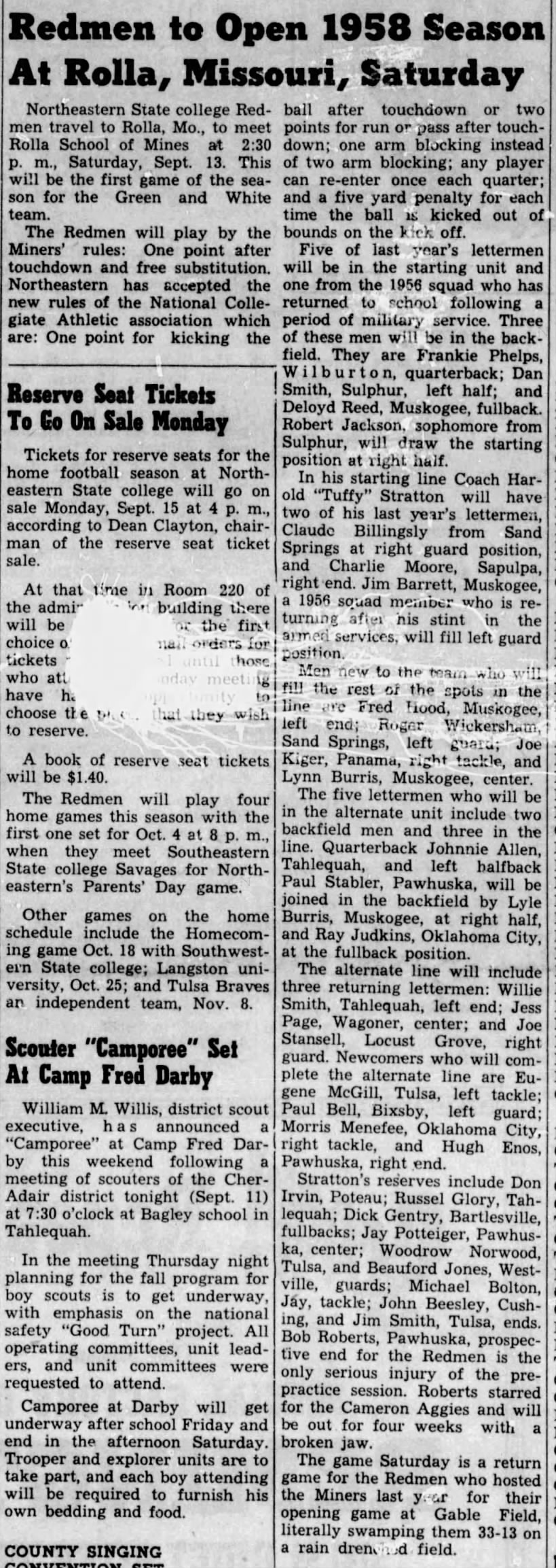 Redmen to Open 1958 Season At Rolla, Missouri, Saturday