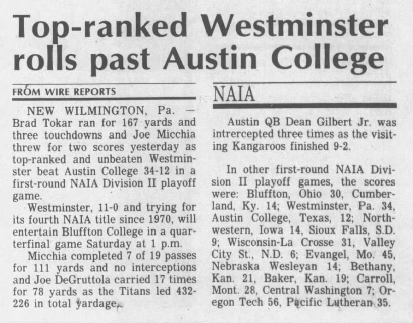 Top-ranked Westminster roll past Austin College