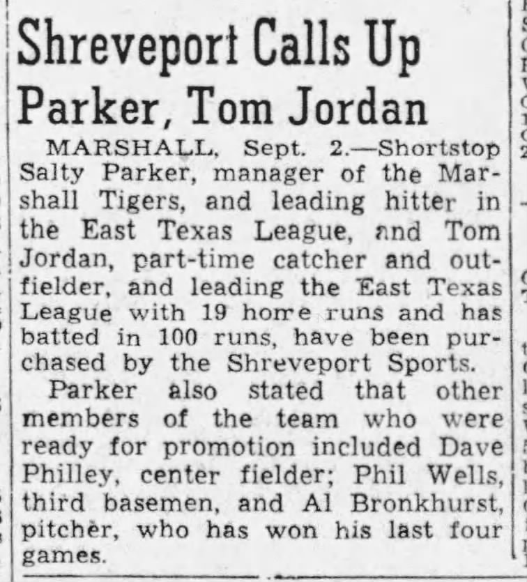 Shreveport Calls Up Parker, Tom Jordan