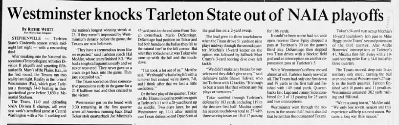 Westminster knocks Tarleton State out of NAIA playoffs