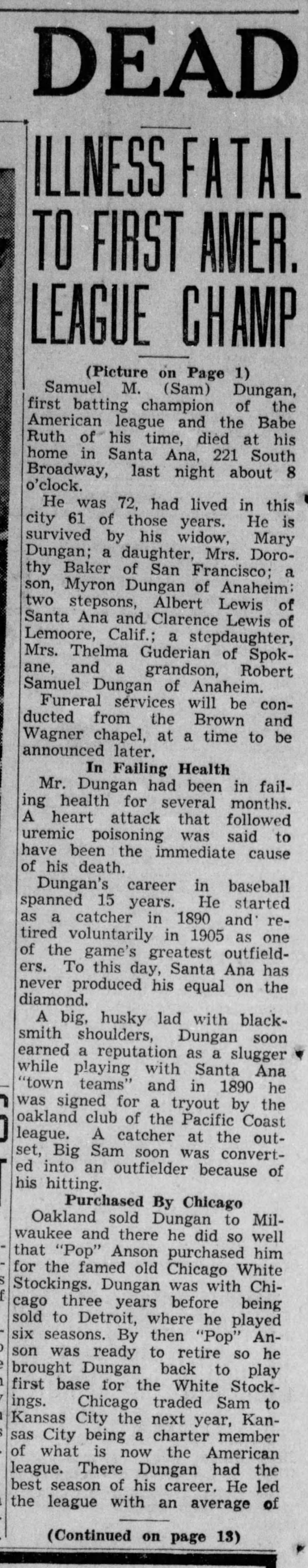 Sam Dungan, Old-Time Baseball Star, Is Dead