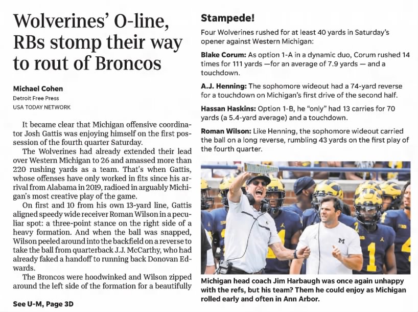 Giddy, yup! Wolverines' O-line, RBs stomp their way to rout of Broncos