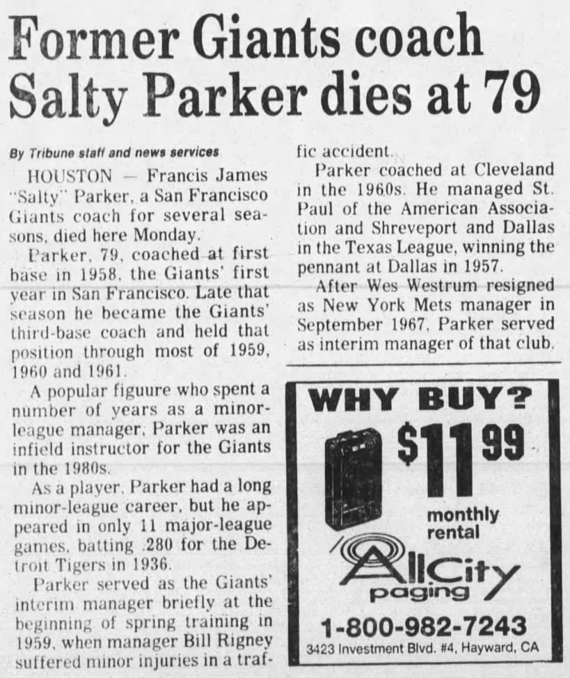 Former Giants coach Salty Parker dies at 79