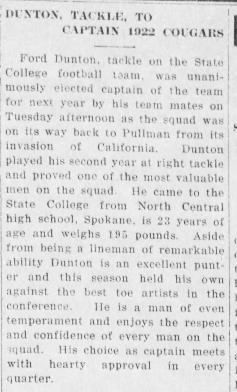 Dunton, Tackle, To Captain 1922 Cougars