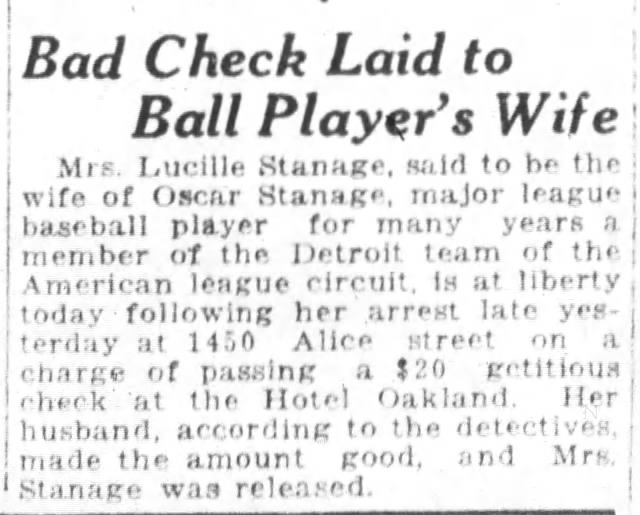 Bad Check Laid to Ball Player's Wife