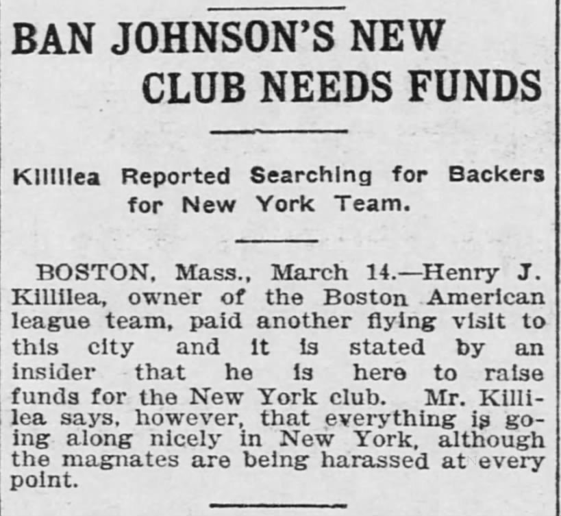 Ban Johnson's New Club Needs Funds