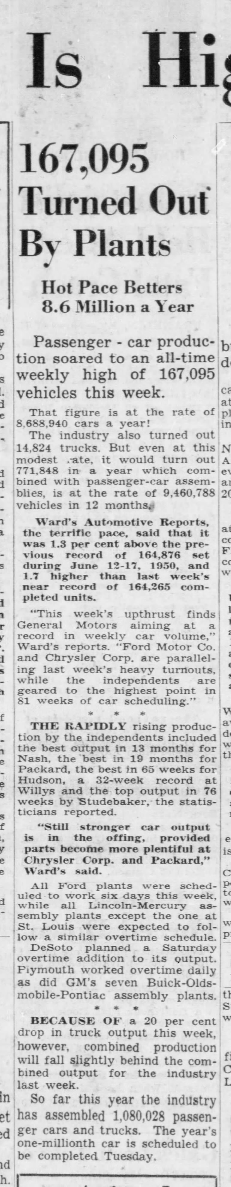 Week's Auto Output Is Highest Ever: 167,095 Turned Out By Plants