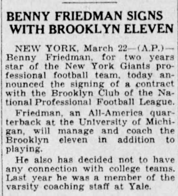 Benny Friedman Signs With Brooklyn Eleven