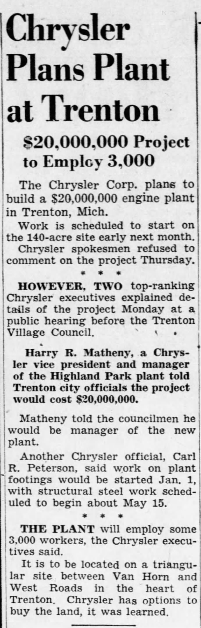 Chrysler Plans Plant at Trenton