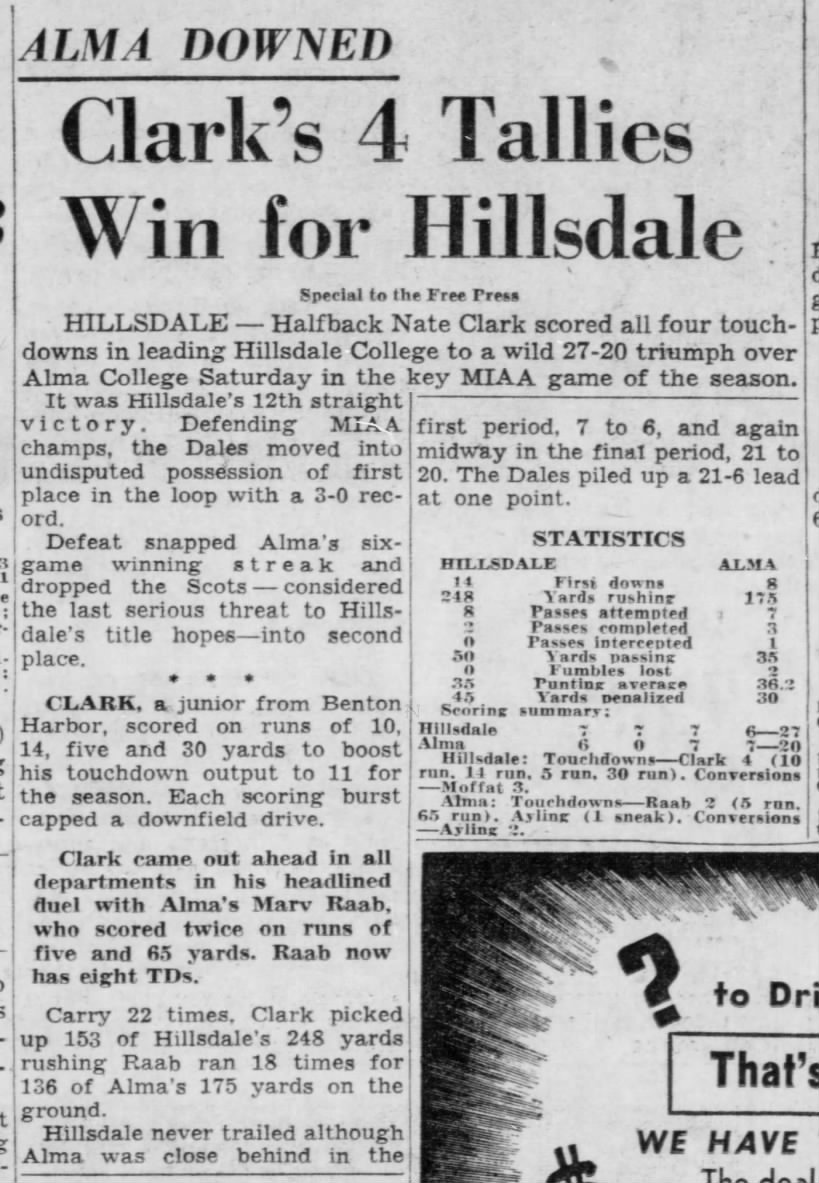 Alma Downed: Clark's 4 Tallies Win for Hillsdale