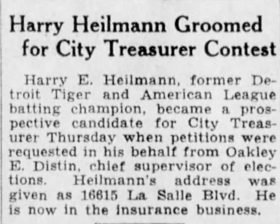 Harry Heilmann Groomed for City Treasurer Contest