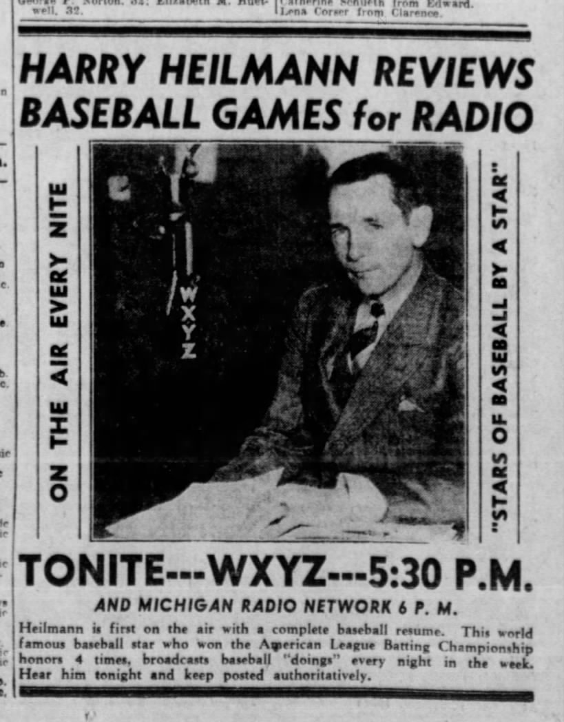 WXYZ advertisement for Heilman's nightly baseball program
