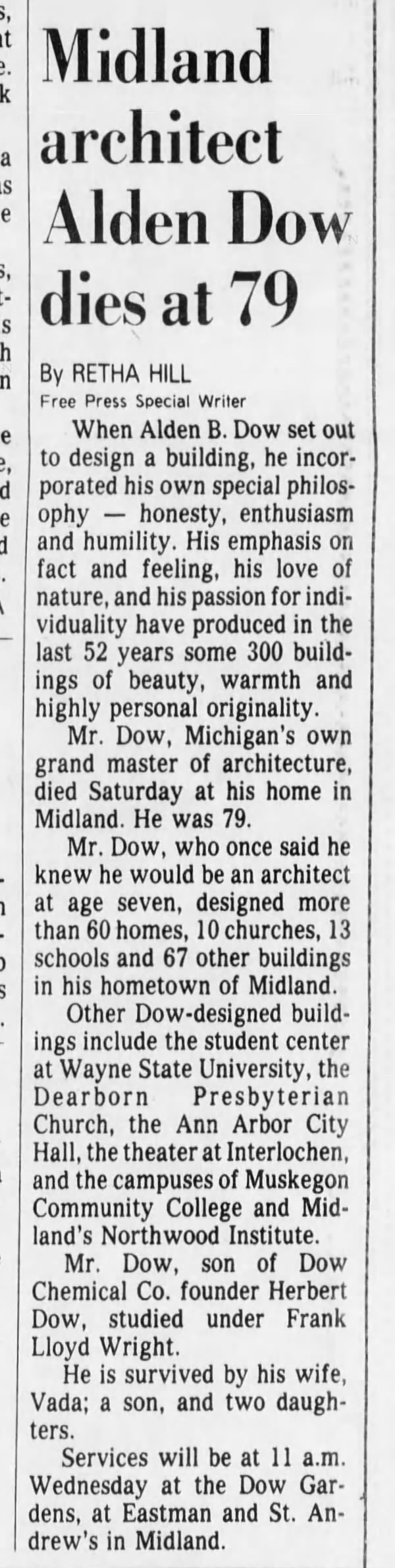 Midland architect Alden Dow dies at 79
