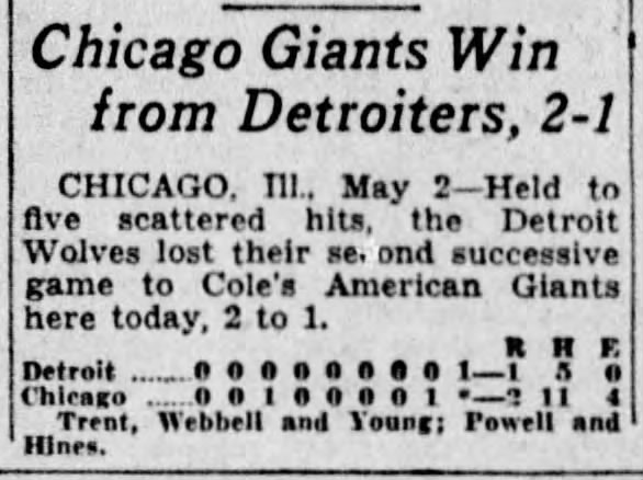 Chicago Giants Win from Detroiters, 2-1