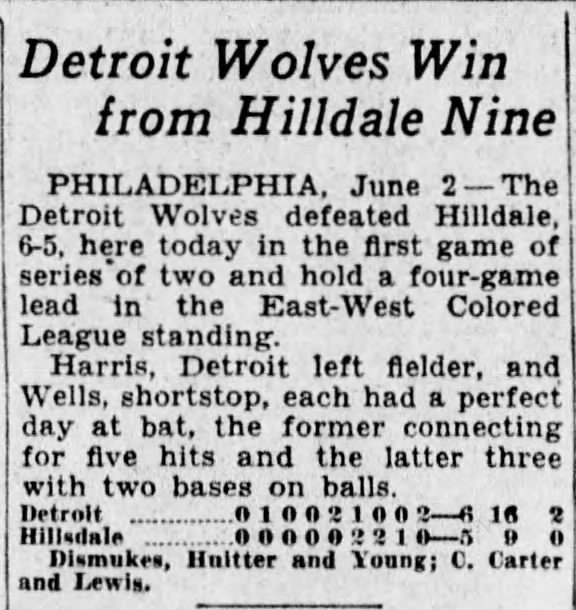 Detroit Wolves Win from Hilldale Nine