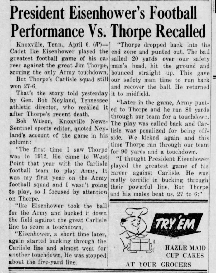 President Eisenhower's Football Performance Vs. Thorpe Recalled