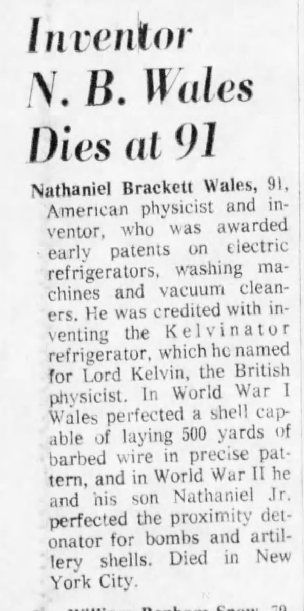 Inventor N. B. Wales Dies at 91