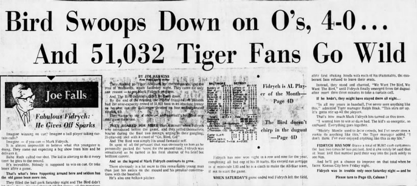 Bird Swoops Down on O's, 4-0 . . . And 51,032 Tiger Fans Go Wild