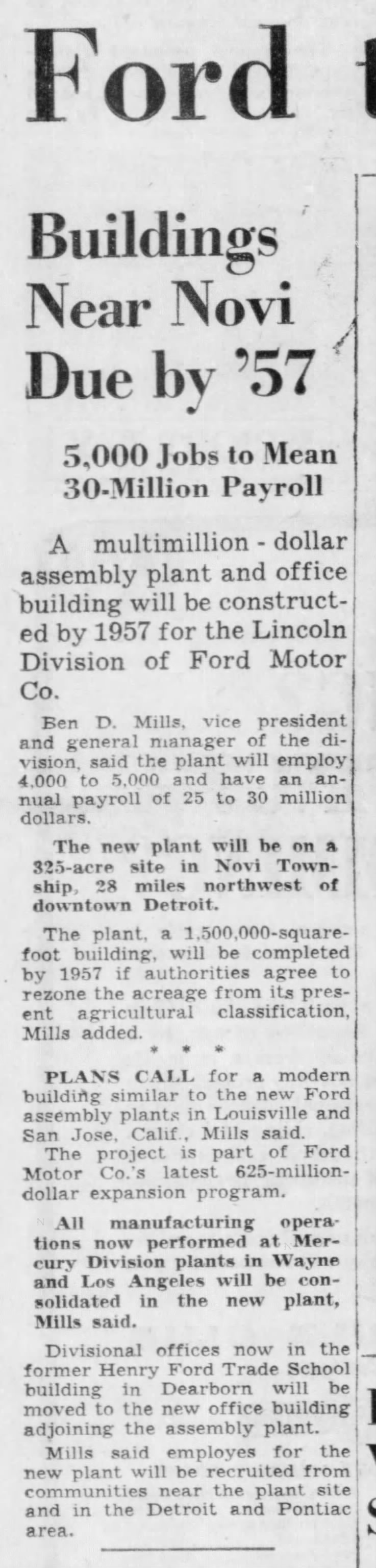 Ford To Build Huge Lincoln Plant: Buildings Near Novi Due by '57