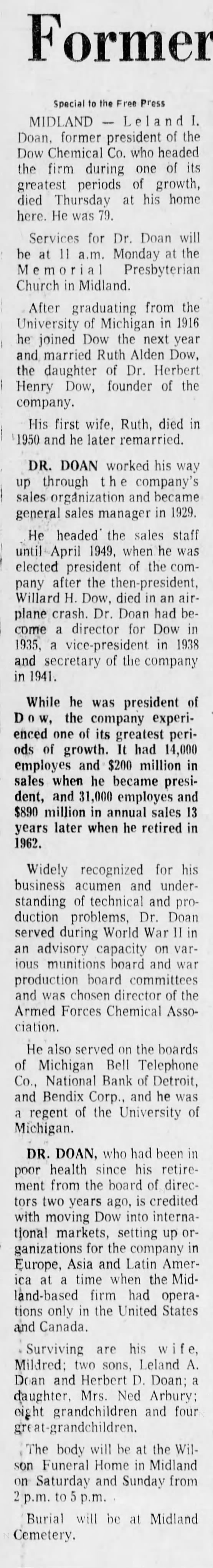 Former Dow Head, L. I. Doan, Dies
