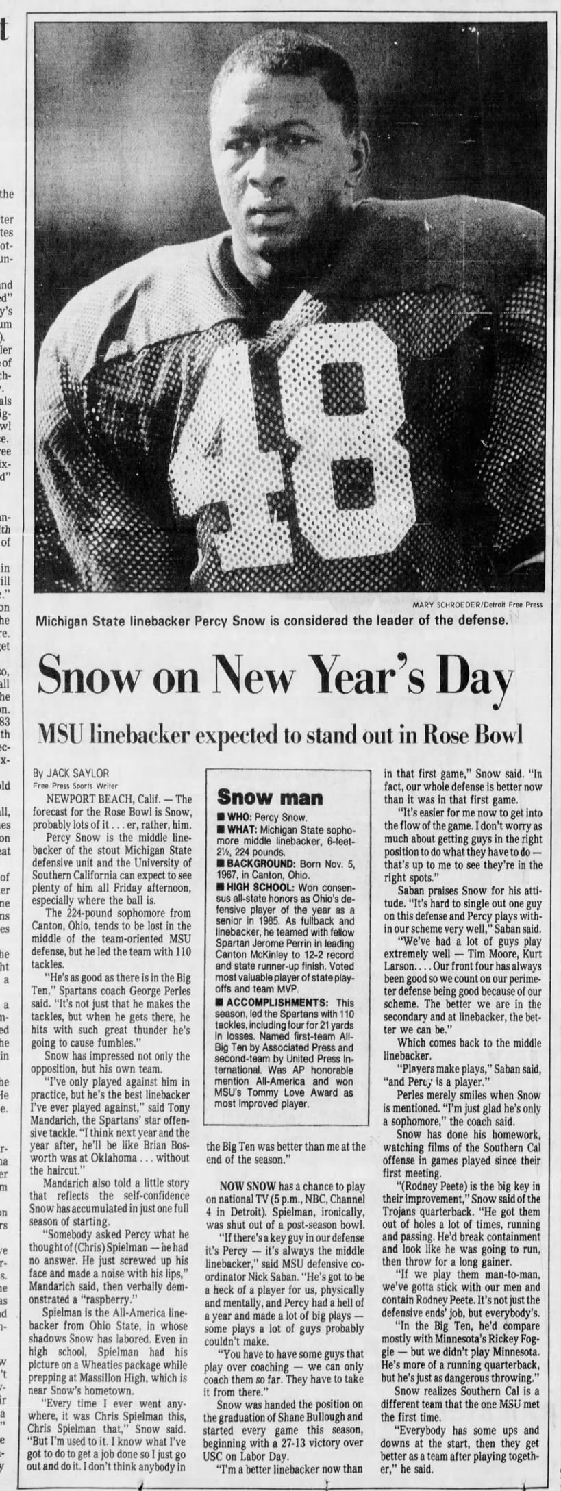 Snow on New Year's Day: MSU linebacker expected to stand out in Rose Bowl