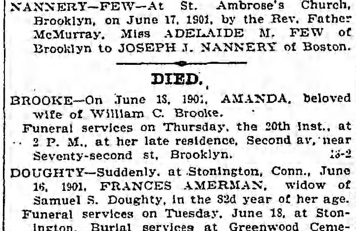 The Brooklyn Daily Eagle (Brooklyn, NY) 18 June 1901 (Tuesday) - Death of Amanda Lockwood Brooke