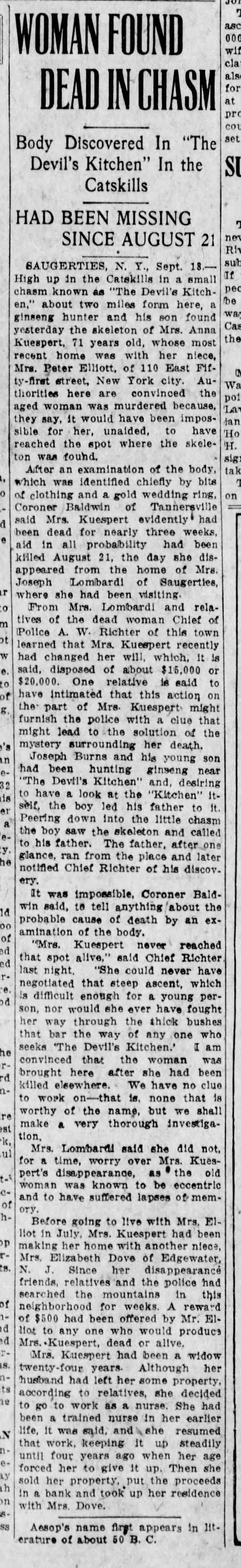 Devil's Mountain 71 year old woman found dead 9/18/1925