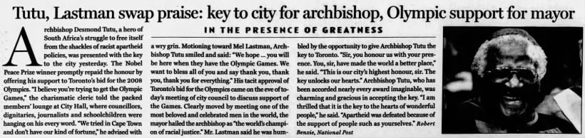 Tutu, Lastman swap praise: key to city for archbishop, Olympic support for mayor