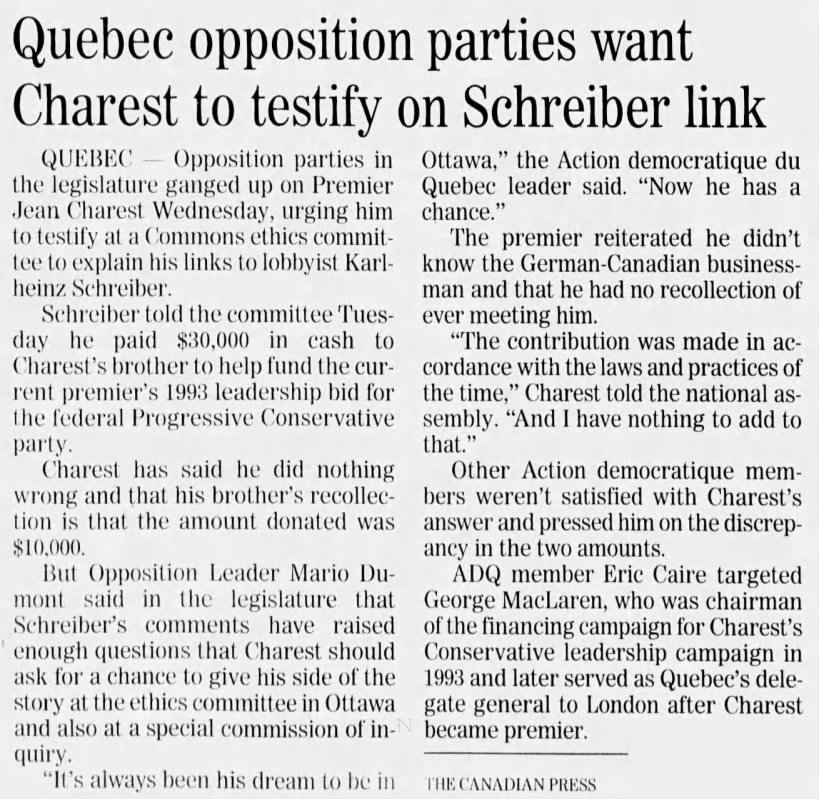 Quebec opposition parties want Charest to testify on Schreiber link