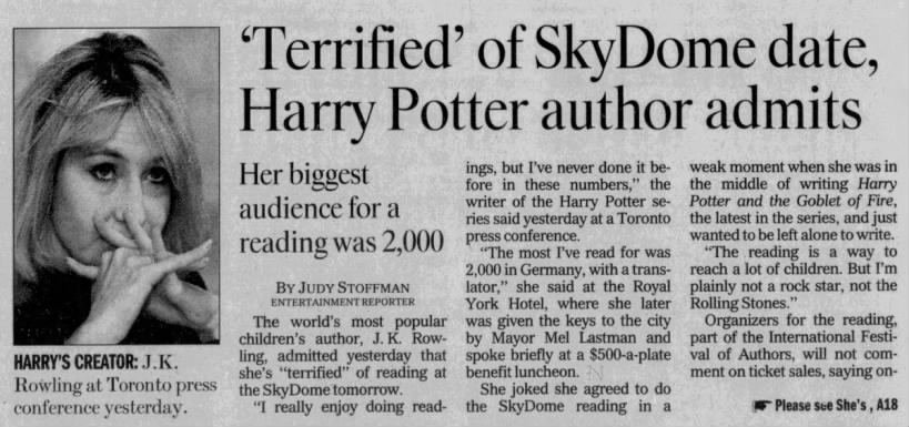 'Terrified' of SkyDome date, Harry Potter author admits