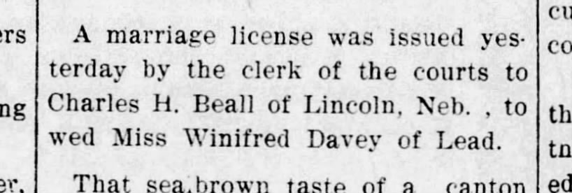 Marriage license to Charles H Beall and Winifred Davey