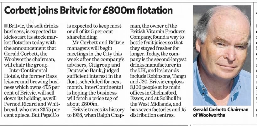 Corbett joins Britvic for £800m flotation