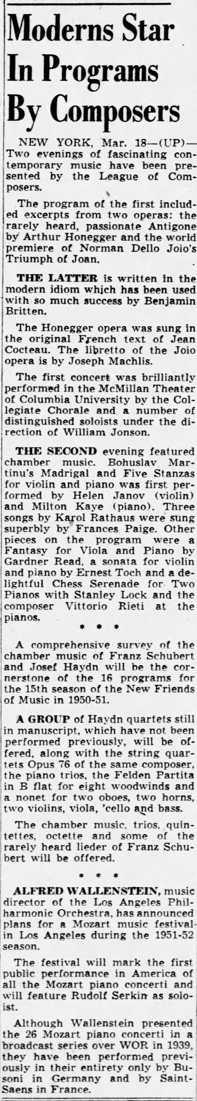 Moderns star in programs by composers 19/03/1950