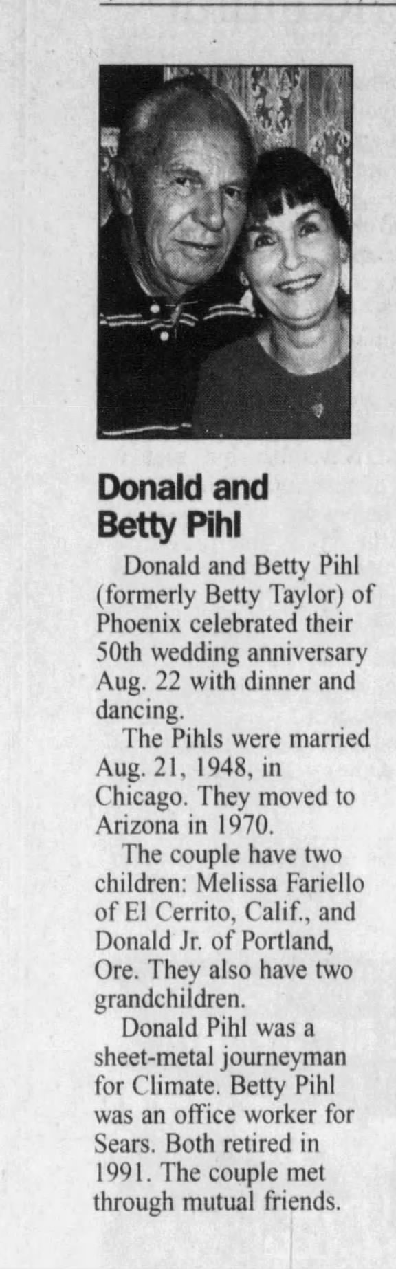 Donald & Betty Pihl 50th Wedding Anniversary Aug 21, 1998