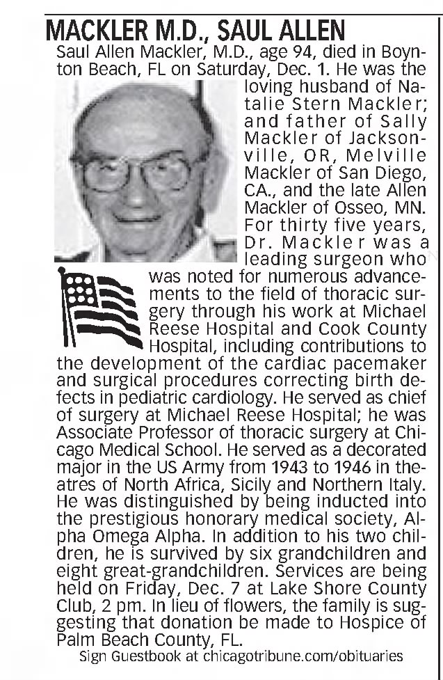 Obituary for SAUL ALLEN MACKLER (Aged 94)
