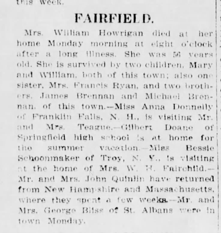 Mrs. Howrigan death. Burlington Free Press 19 June 1913