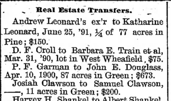 Real Estate Transfer Josiah to Samuel Clawson 18 Apr 1900