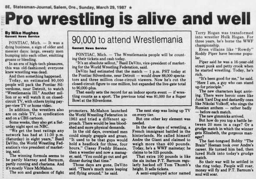 Pro wrestling is alive and well (Gannett 3/29/1987)