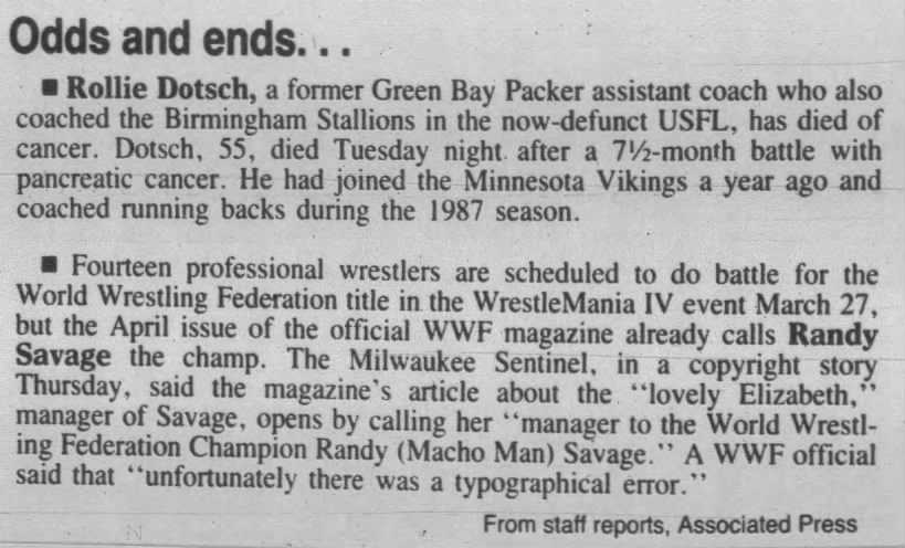 Odds and ends... [with Randy Savage WrestleMania IV spoiler] (Eau Claire Leader-Telegram 3/17/1988)