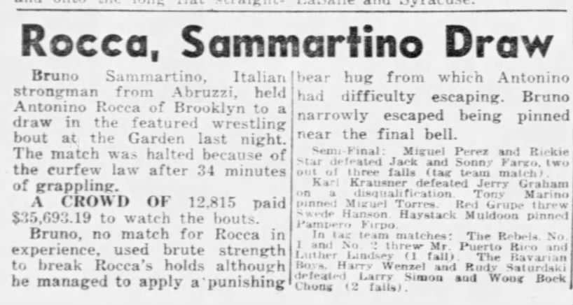 Rocca, Sammartino Draw (11/15/1960 NY Daily News)