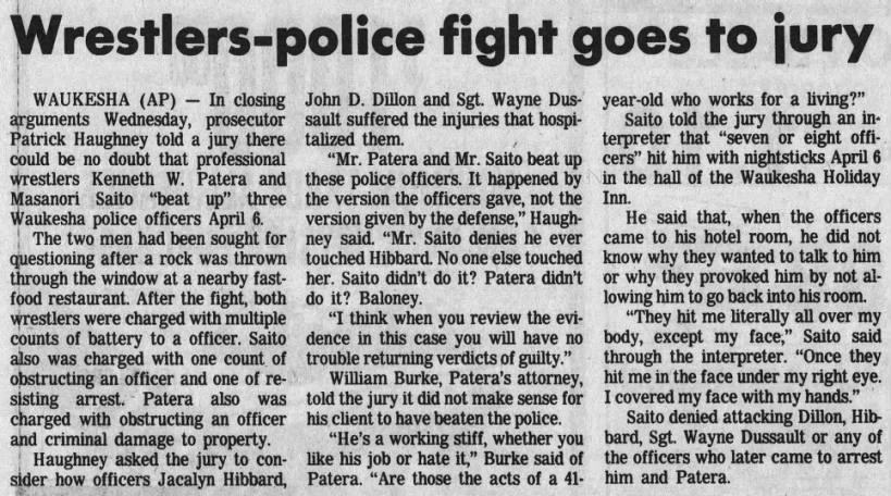 Wrestlers-police fight goes to jury (AP via Wisconsin State Journal 6/6/1985)