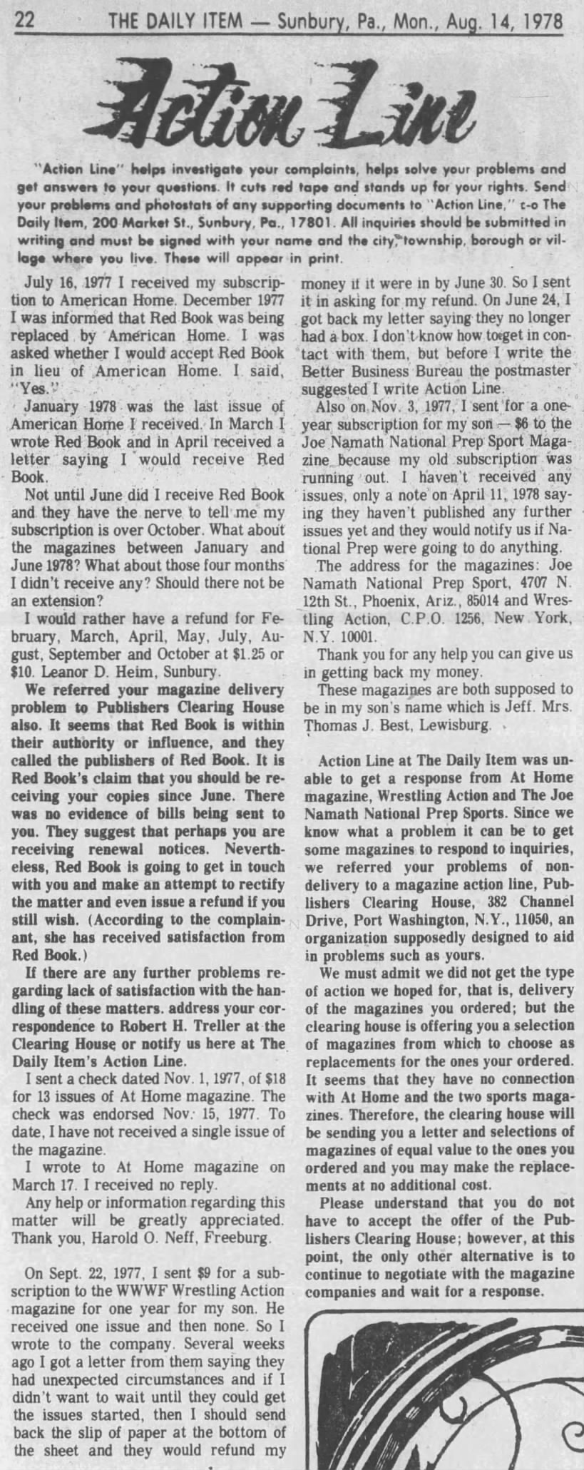 Action Line with WWF Wrestling Action subscription complaint (Sunbury Daily Item 8/14/1978)
