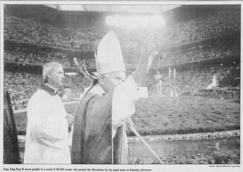 Pope waves goodbye to crowd of 90,000 people (Detroit Free Press 9/21/1987)