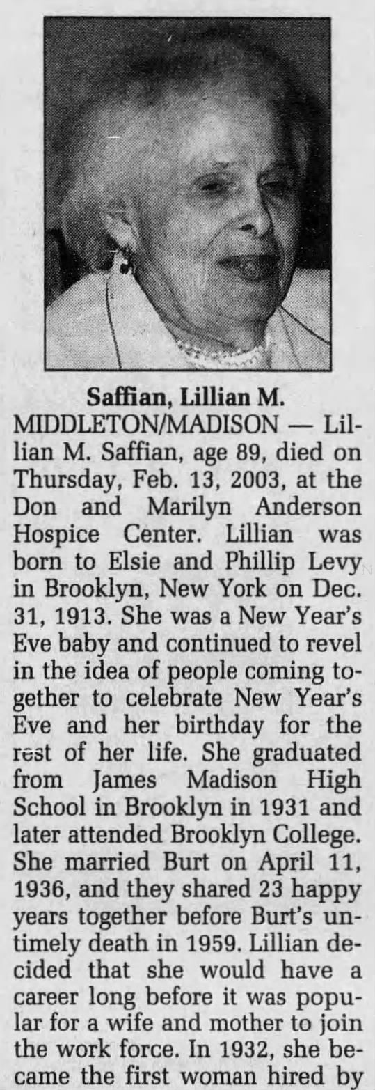 Obituary for Lillian M. Saffian, 1913-2003 (Aged 89)